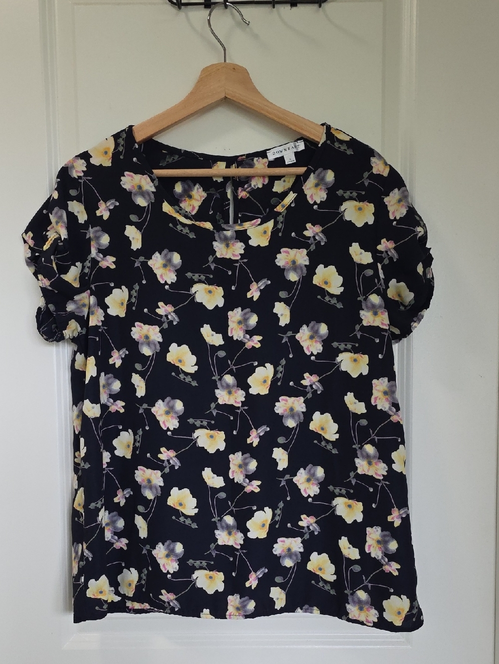 DownEast Navy Top with Yellow and Pink Floral Print